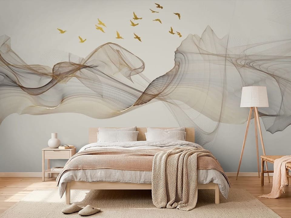 Fototapeta z abstrakcyjnymi falami i liniami na jasnym tle - nowoczesna aranżacja w sypialni
