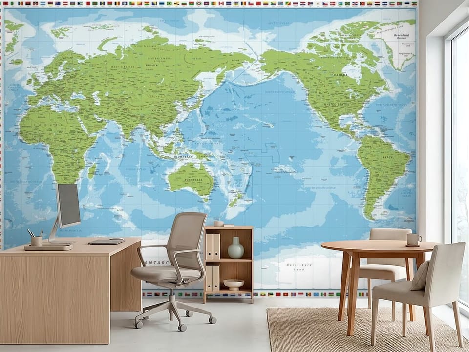 Fototapeta z mapą świata – zielone kontynenty, niebieskie oceany i flagi - inspiracja do biura w jasnych kolorach