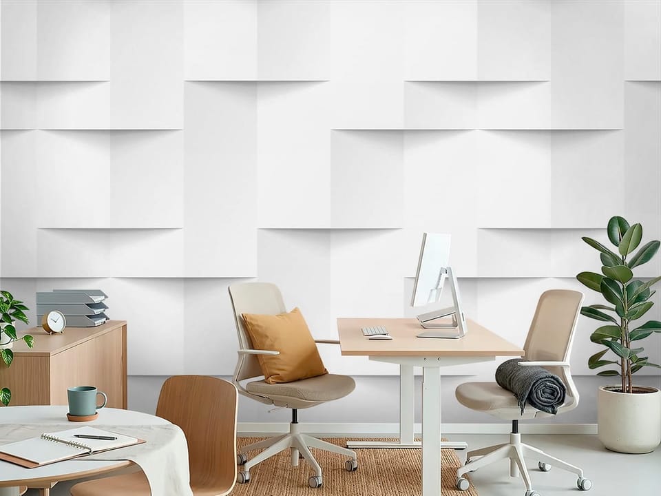Fototapeta z geometrycznym wzorem 3D i cieniami na jasnym tle - aranżacja biura w jasnych kolorach
