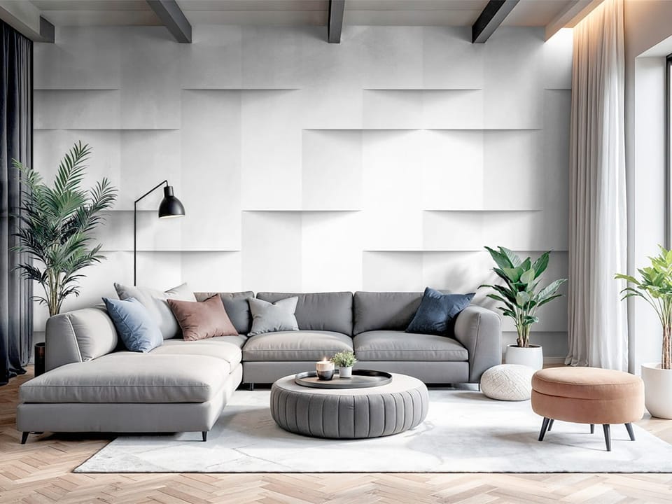Fototapeta z geometrycznym wzorem 3D i cieniami na jasnym tle - nowoczesny salon z dużą przestrzenią