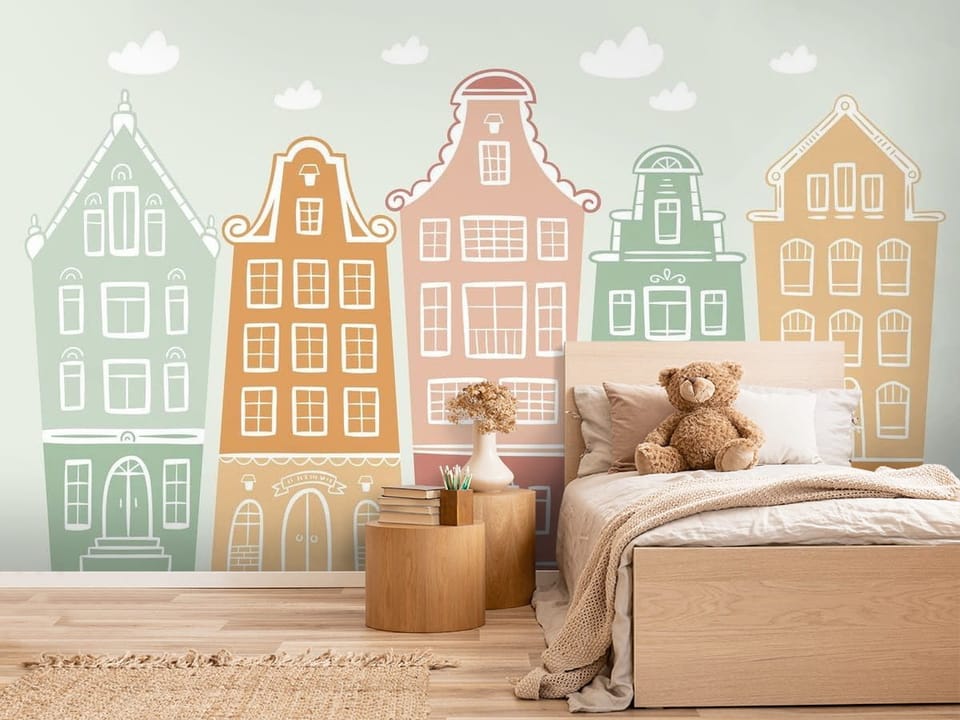Fototapeta z rzędem kolorowych kamienic w pastelowych odcieniach - pokój nastolatka w beżowych kolorach