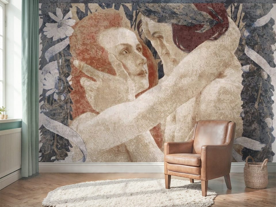 Fototapeta z antycznymi postaciami w pastelowych barwach i roślinnymi ornamentami - aranżacja przedpokoju