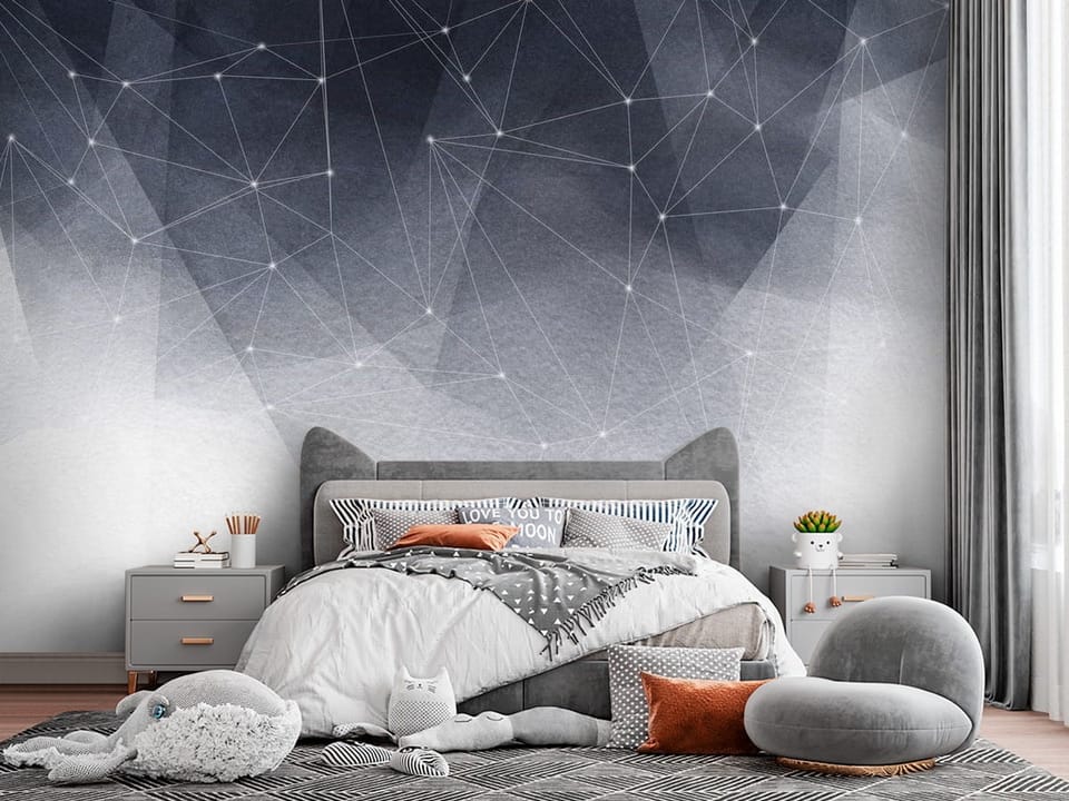 Fototapeta z geometrycznymi wzorami, liniami i punktami na gradientowym tle - widok za łóżkiem w pokoju nastolatka