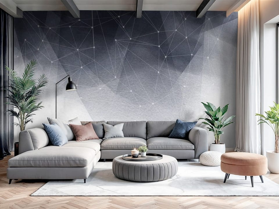 Fototapeta z geometrycznymi wzorami, liniami i punktami na gradientowym tle - nowoczesny salon z dużą przestrzenią
