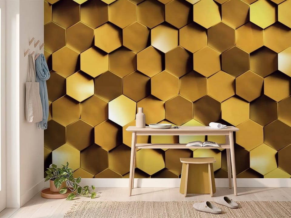 Fototapeta z geometrycznym wzorem złotych sześciokątnych kafelków - inspiracja do przytulnego przedpokoju