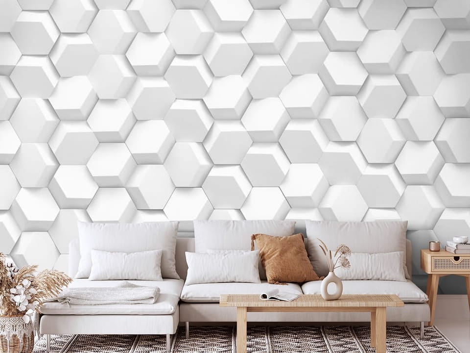 Fototapeta z trójwymiarowymi białymi heksagonami w geometrycznym układzie - aranżacja głównej ściany w salonie