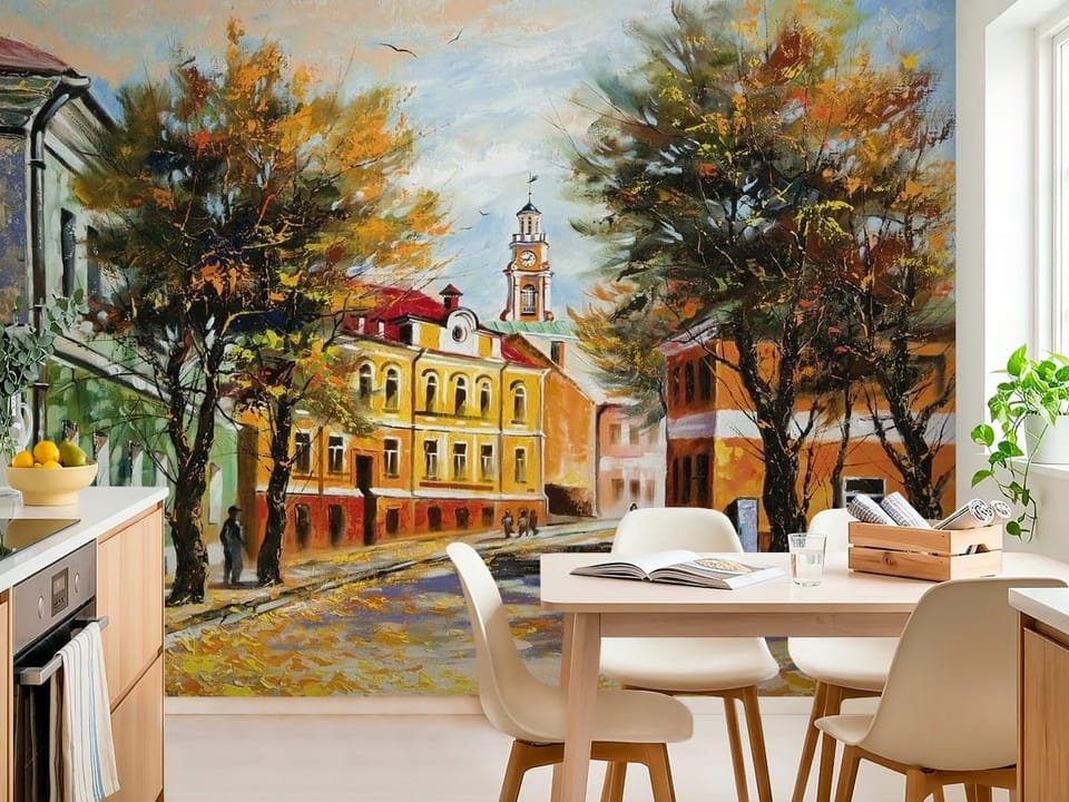 Fototapeta z jesienną ulicą, kolorowymi budynkami i wieżą z zegarem - widok na ścianę w jasnej kuchni