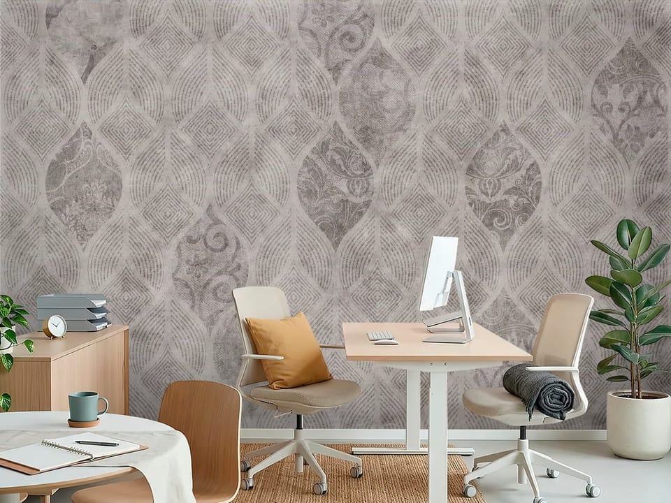 Fototapeta z geometrycznym wzorem i ornamentami w szarościach - aranżacja biura w jasnych kolorach