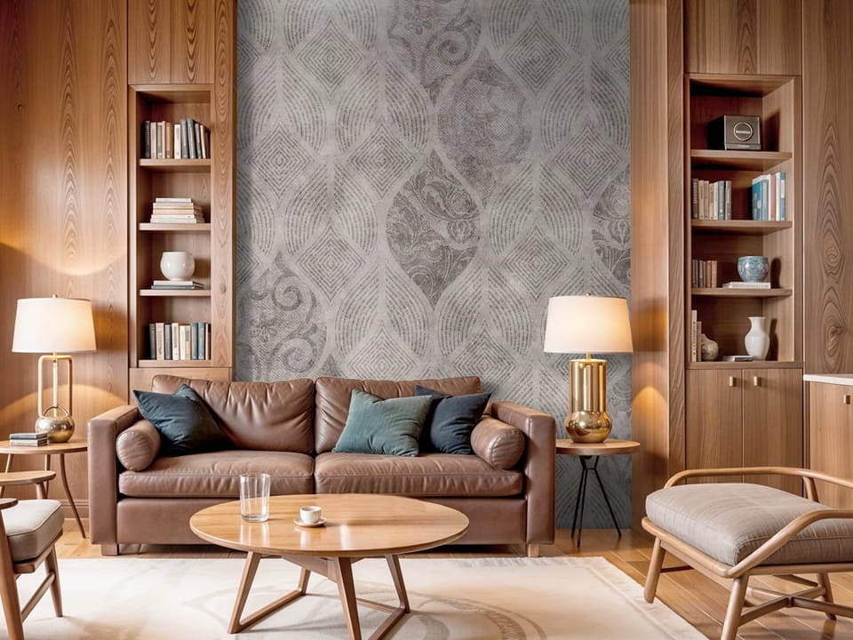 Fototapeta z geometrycznym wzorem i ornamentami w szarościach - przytulny kącik w salonie