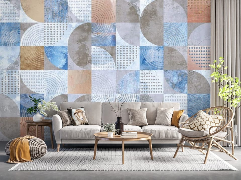 Fototapeta z geometrycznym wzorem kwadratów, półkola i okręgi, kropki i linie - salon z naturalnymi dodatkami