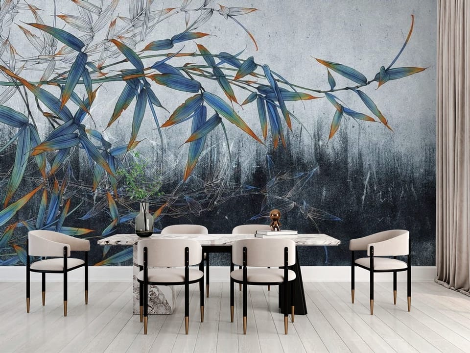 Fototapeta z gałęzią bambusa i kolorowymi liśćmi na szarym tle - duża strefa jadalniana w kuchni