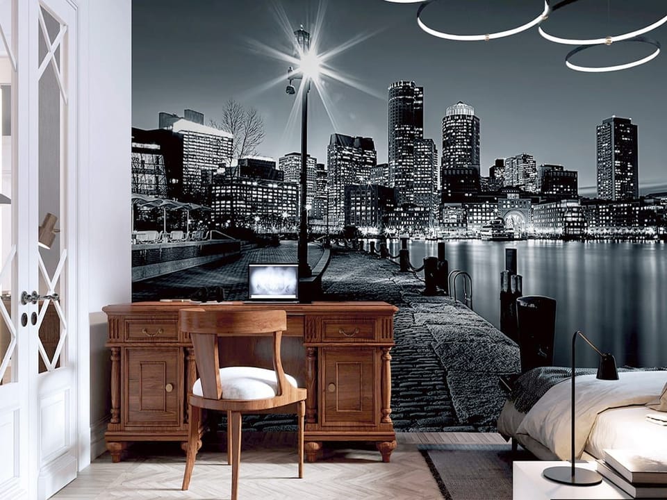 Fototapeta Panorama miasta nocą z lampą we wnętrzu sypialni