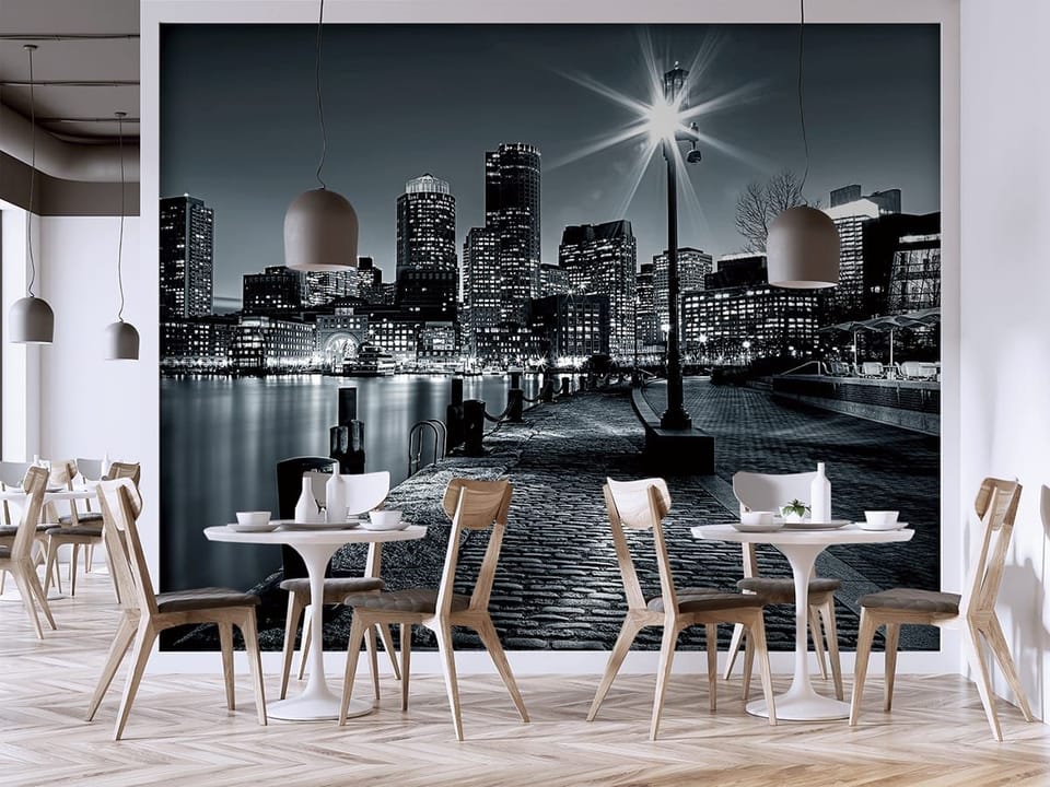 Fototapeta Panorama miasta nocą z lampą we wnętrzu kawiarni