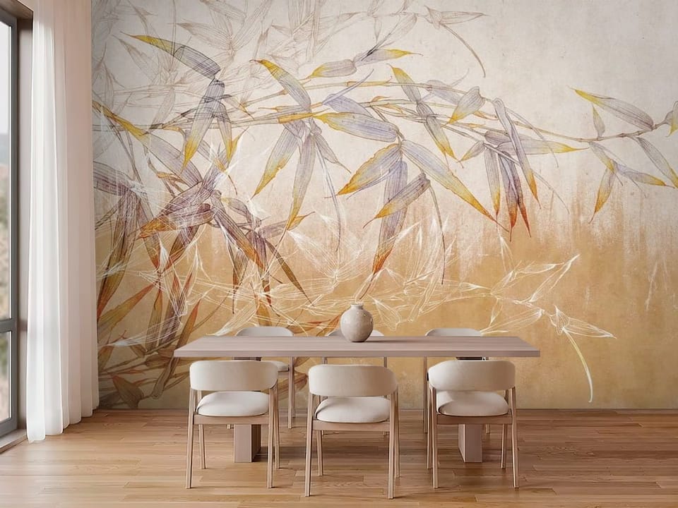 Fototapeta z gałęzią bambusa i delikatnymi liśćmi na jasnym tle - strefa jadalniana w kuchni w kremowych kolorach