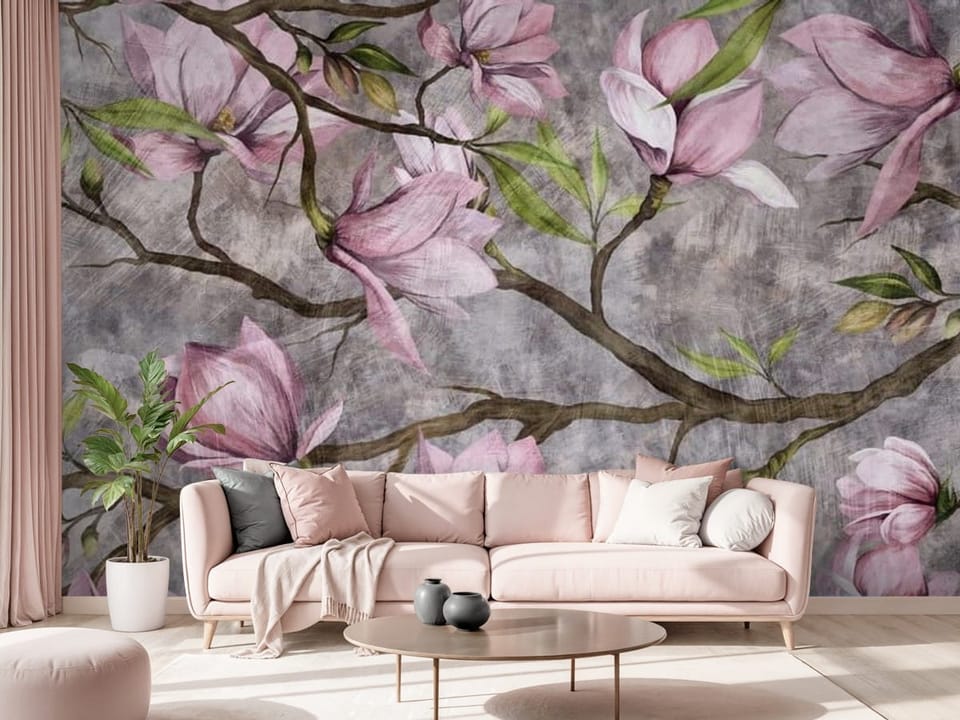 Fototapeta z gałązkami drzewa i różowymi kwiatami magnolii na szarym tle - salon w różowych kolorach
