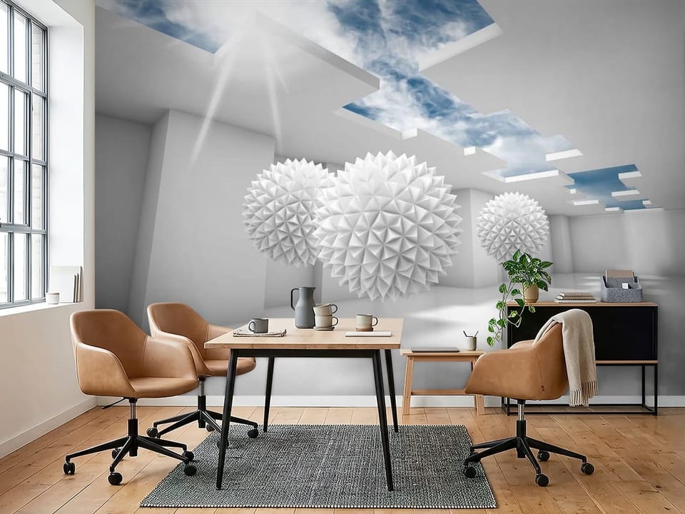 Fototapeta z trzema geometrycznymi kulami w jasnym pomieszczeniu - inspiracja do biura w ciepłych kolorach