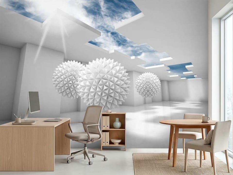 Fototapeta z trzema geometrycznymi kulami w jasnym pomieszczeniu - inspiracja do biura w jasnych kolorach