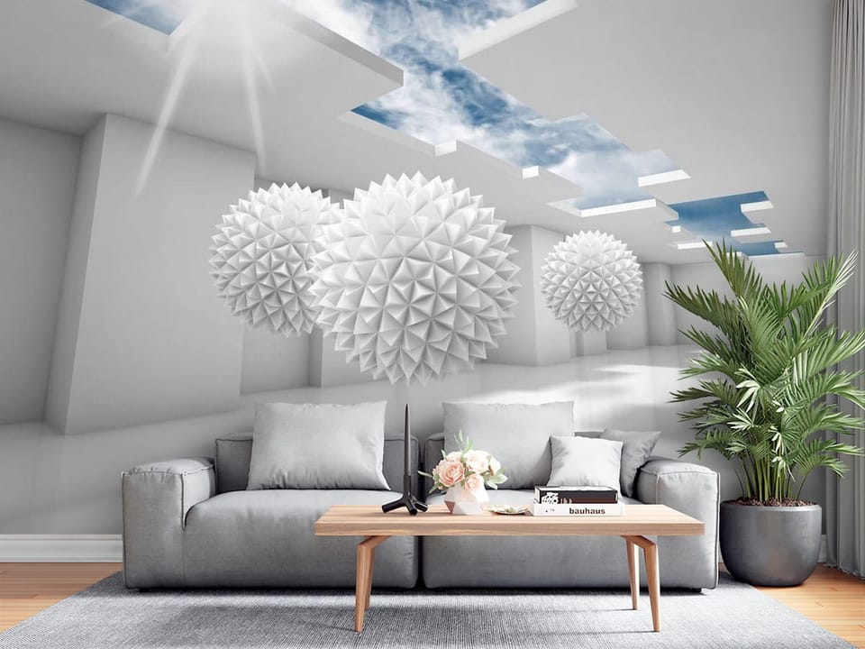 Fototapeta z trzema geometrycznymi kulami w jasnym pomieszczeniu - salon z tradycyjnymi meblami w jasnych kolorach