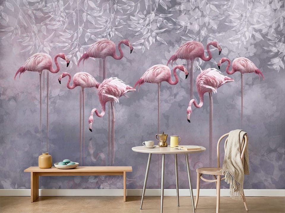Fototapeta z różowymi flamingami stojącymi w wodzie na tle liści - ściana w minimalistycznej kawiarni