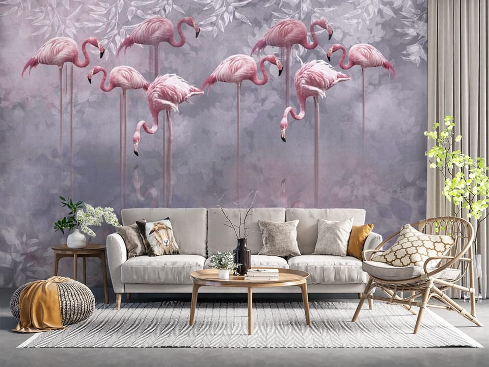 Fototapeta z różowymi flamingami stojącymi w wodzie na tle liści - salon z naturalnymi dodatkami