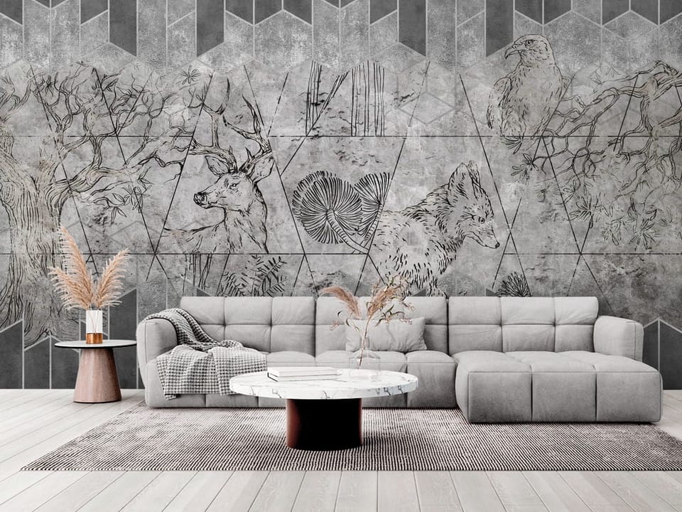Fototapeta z geometrycznymi wzorami, jeleniem i lisem na tle drzew - elegancki salon w stylu minimalistycznym