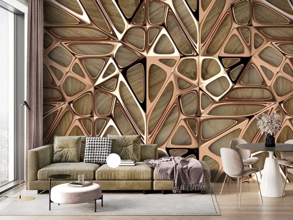 Fototapeta z abstrakcyjnym wzorem geometrycznym na drewnianym tle - ściana akcentowa w salonie z dużym oknem