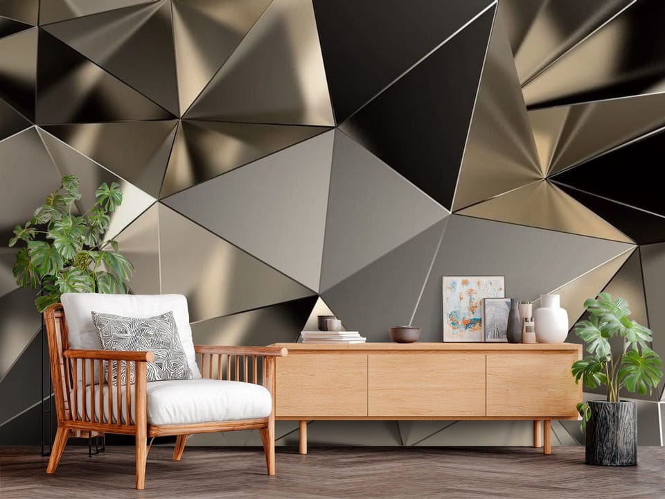 Fototapeta z geometrycznymi, metalicznymi formami w odcieniach brązu - przytulna strefa w przedpokoju