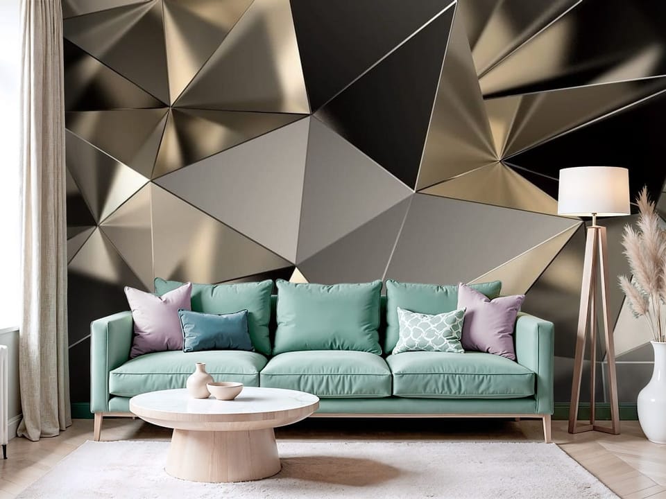 Fototapeta z geometrycznymi, metalicznymi formami w odcieniach brązu - salon z modnym akcentem