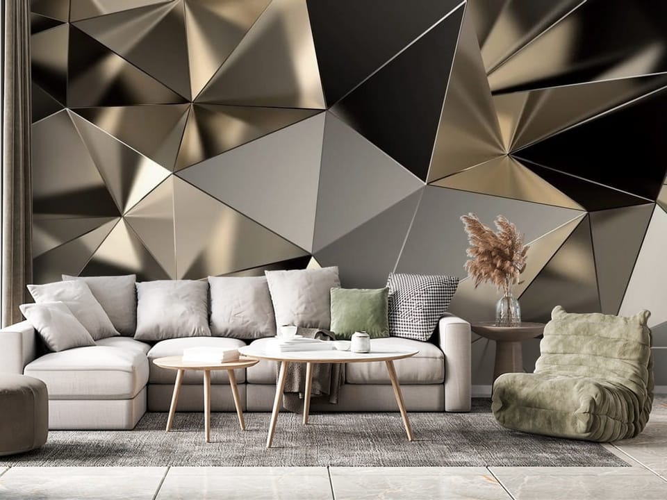 Fototapeta z geometrycznymi, metalicznymi formami w odcieniach brązu - nowoczesny salon z różnymi dodatkami