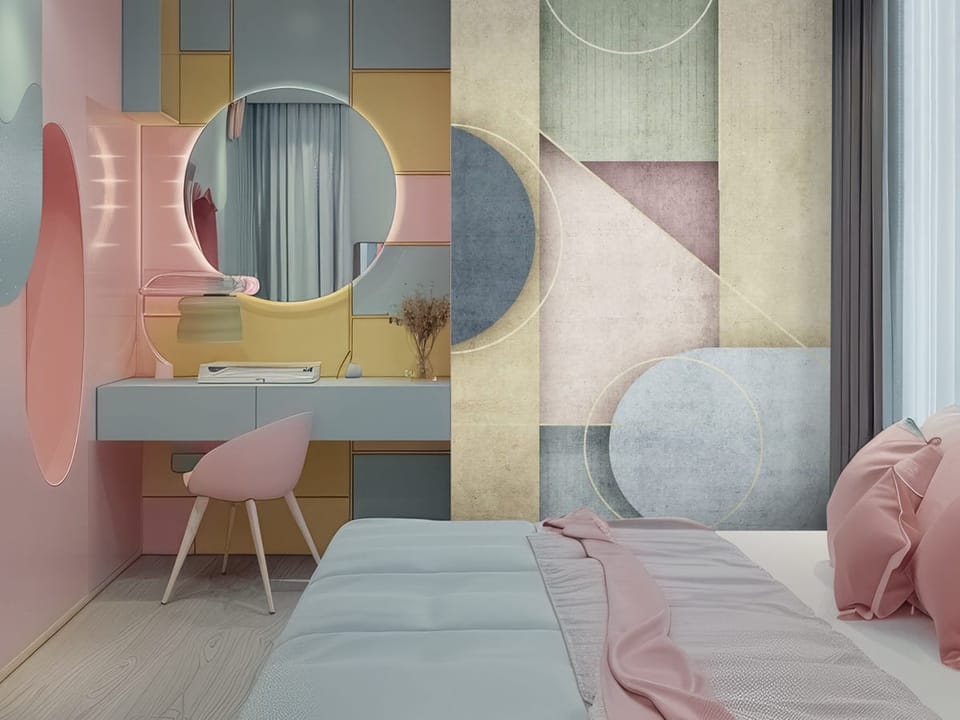 Fototapeta z geometrycznymi kształtami i liniami w pastelowych kolorach - ściana w kolorowym pokoju nastolatka