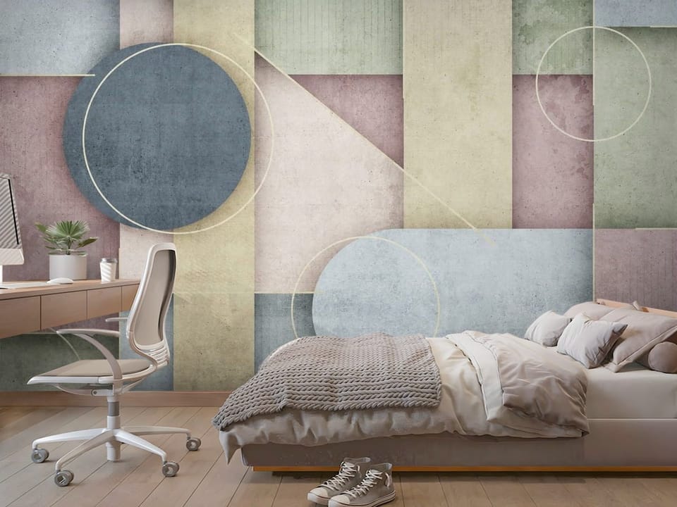Fototapeta z geometrycznymi kształtami i liniami w pastelowych kolorach - aranżacja dużego pokoju nastolatka