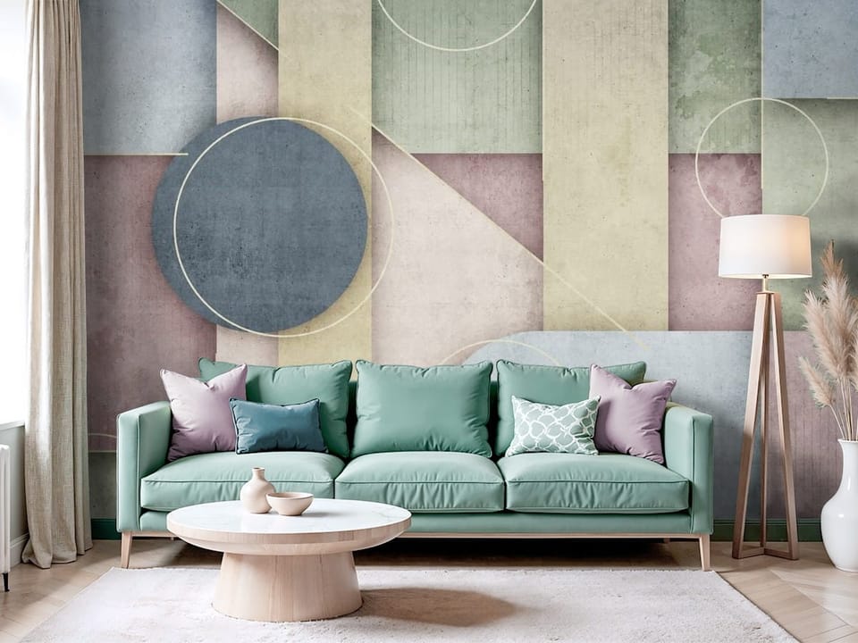 Fototapeta z geometrycznymi kształtami i liniami w pastelowych kolorach - salon z modnym akcentem