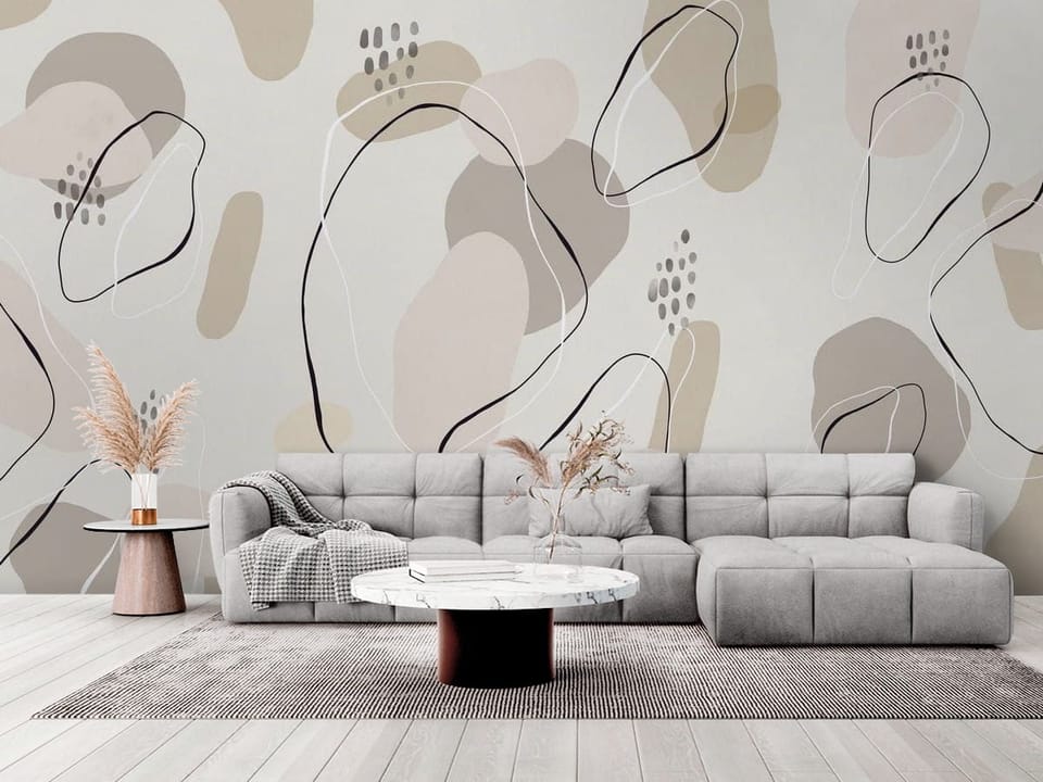 Fototapeta z abstrakcyjnymi kształtami i cienkimi liniami na jasnym tle - elegancki salon w stylu minimalistycznym