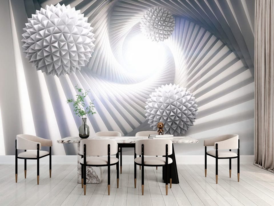 Fototapeta z trzema geometrycznymi kulami w spiralnym tunelu 3D - duża strefa jadalniana w kuchni