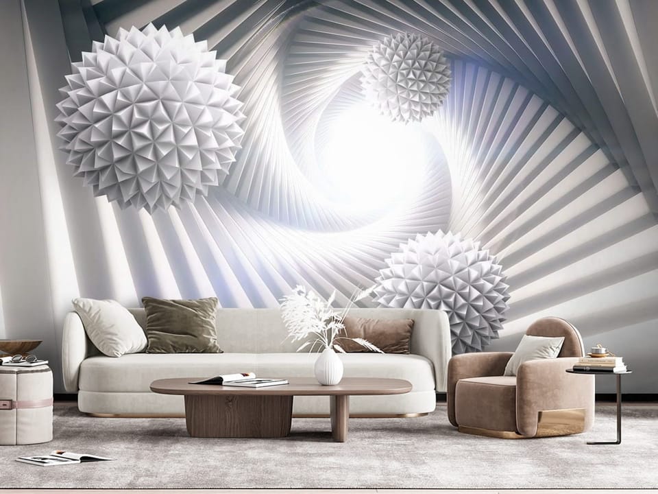 Fototapeta z trzema geometrycznymi kulami w spiralnym tunelu 3D - widok na ścianę za kanapą w salonie