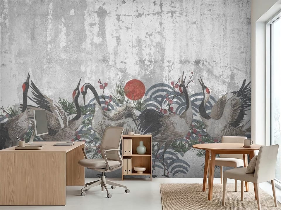 Fototapeta z tańczącymi żurawiami na tle geometrycznych wzorów i czerwonego słońca - inspiracja do biura w jasnych kolorach