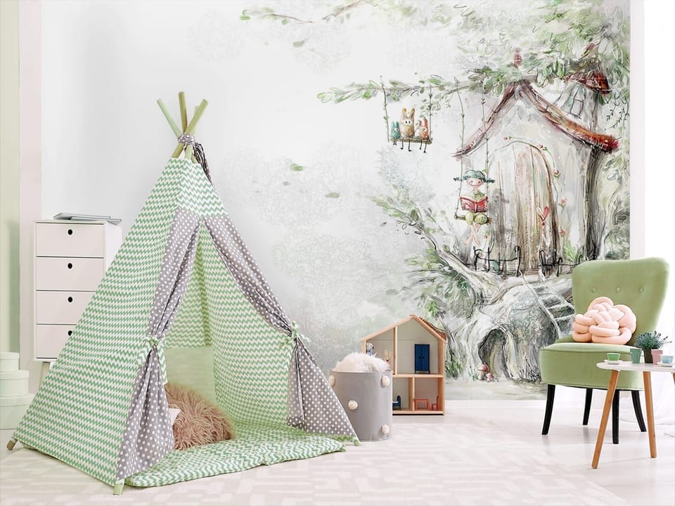 Fototapeta Domek na drzewie z huśtawką we wnętrzu pokoju dziecka