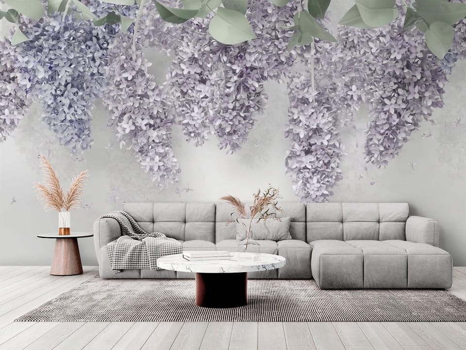 Fototapeta z wiszącymi kwiatami bzu i delikatnymi liśćmi na jasnym tle - elegancki salon w stylu minimalistycznym