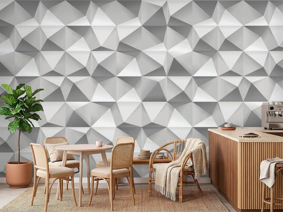 Fototapeta z geometrycznym wzorem trójkątów tworzących efekt 3D - inspiracja do kawiarni w ciepłych kolorach