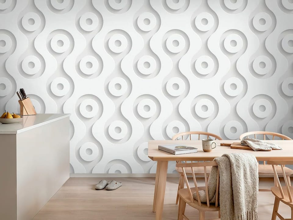 Fototapeta z geometrycznym wzorem 3D z okręgami i cieniami - ściana w przytulnej kuchni
