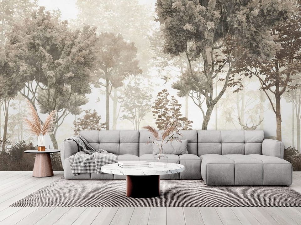 Fototapeta przedstawiająca las z gęstymi drzewami, jelenie i mgłę - elegancki salon w stylu minimalistycznym