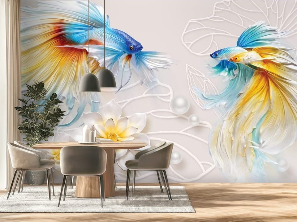 Fototapeta z dwiema kolorowymi rybami bojownikami, kwiatami i perłami - ściana za stołem w nowoczesnej kuchni