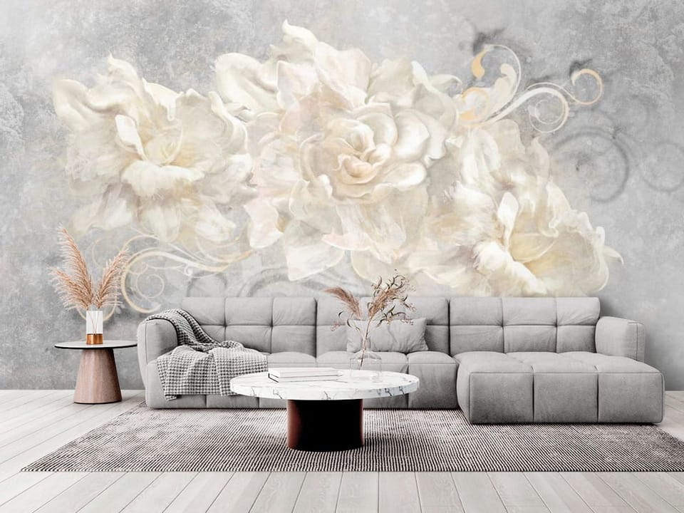 Fototapeta z dużymi białymi kwiatami i delikatnymi ornamentami - elegancki salon w stylu minimalistycznym
