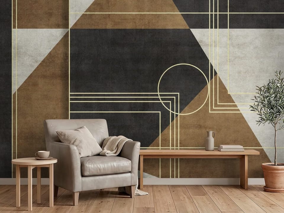 Fototapeta z geometrycznymi wzorami i żółtymi liniami na ciemnym tle - przytulny kącik w biurze