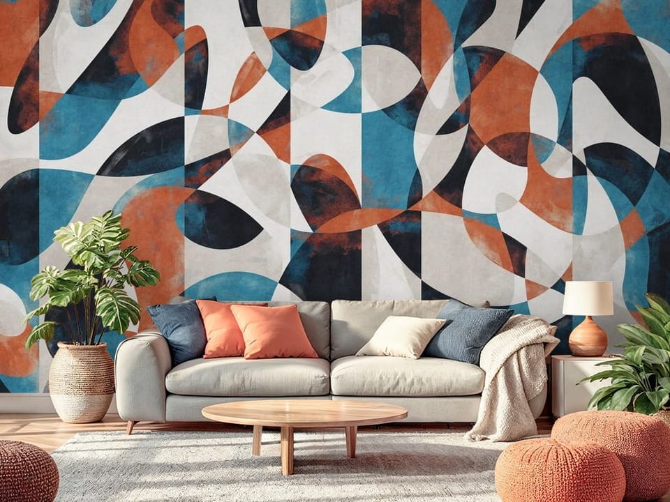 Fototapeta z abstrakcyjnymi kolorowymi kształtami geometrycznymi na białym tle - nasłoneczniony salon