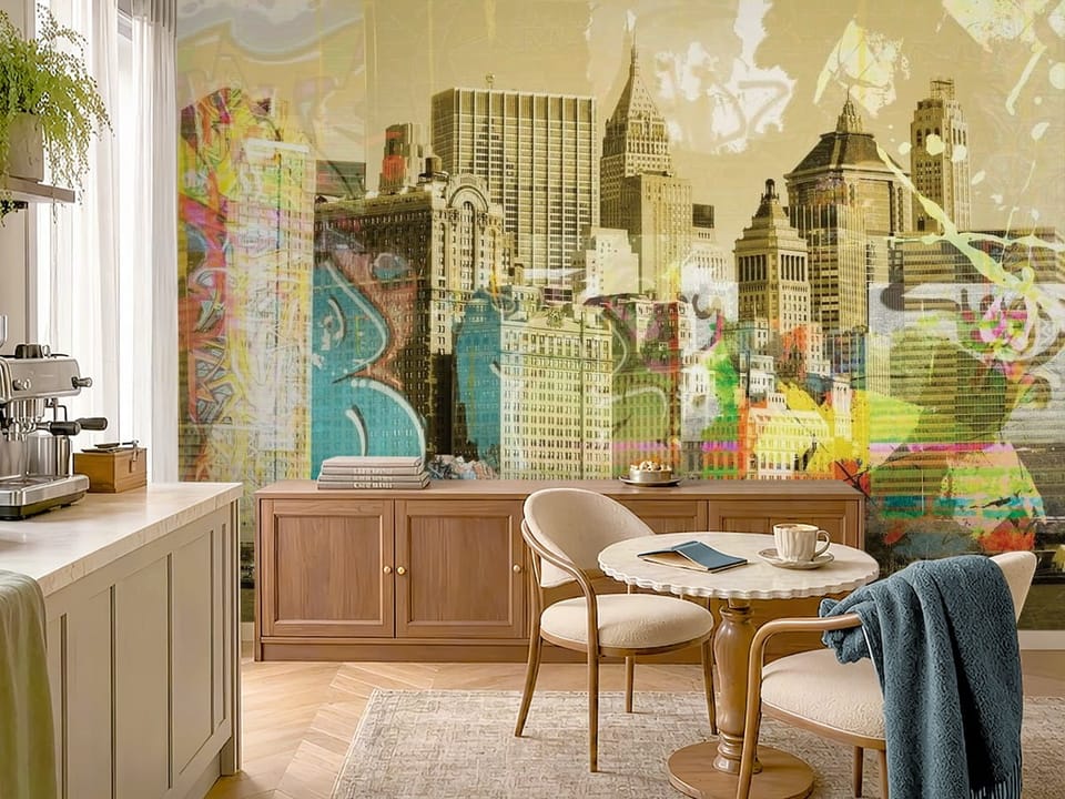 Fototapeta z wieżowcami pokrytymi kolorowym graffiti i wodą - przytulna kawiarnia z subtelną dekoracją