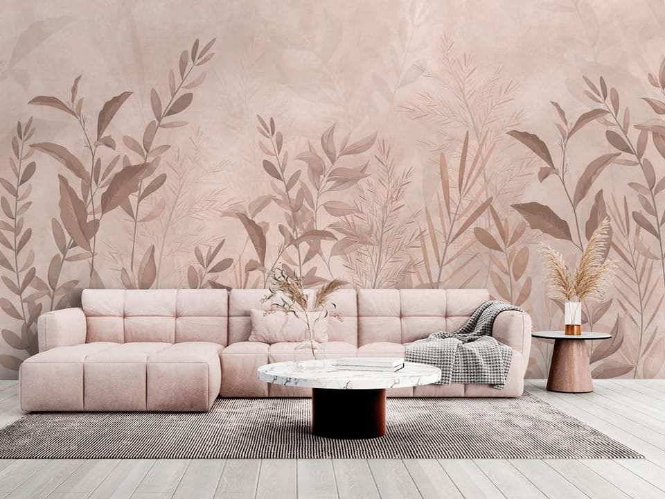 Fototapeta z liśćmi i gałązkami na jasnym, pastelowym tle - salon w jasnych kolorach