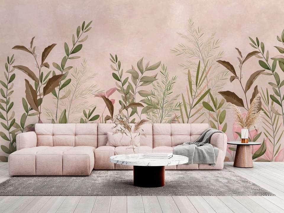 Fototapeta z różnorodnymi liśćmi na jasnym, pastelowym tle - salon w jasnych kolorach