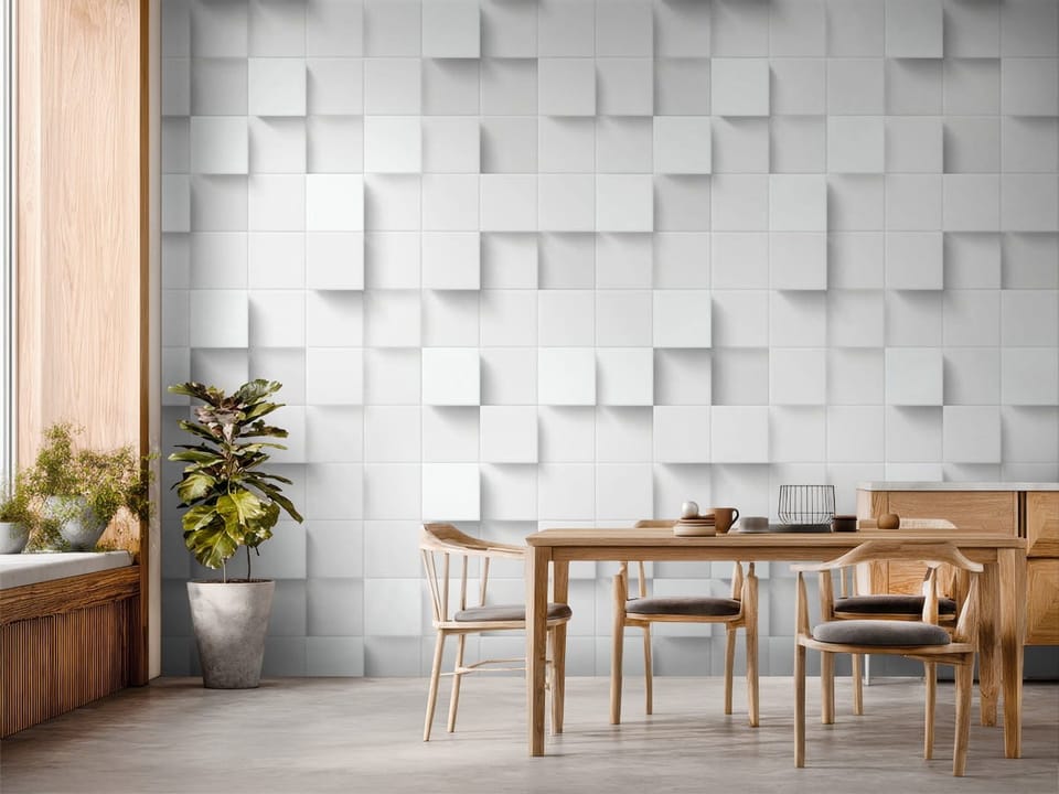 Fototapeta z trójwymiarowymi białymi kwadratami na ścianie, tworząca geometryczny wzór. - inspiracja do strefy jadalnianej w kuchni
