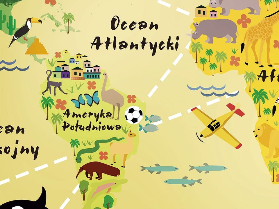 Fototapeta Mapa świata dla dzieci z ikonami - realne zdjęcie w rolce